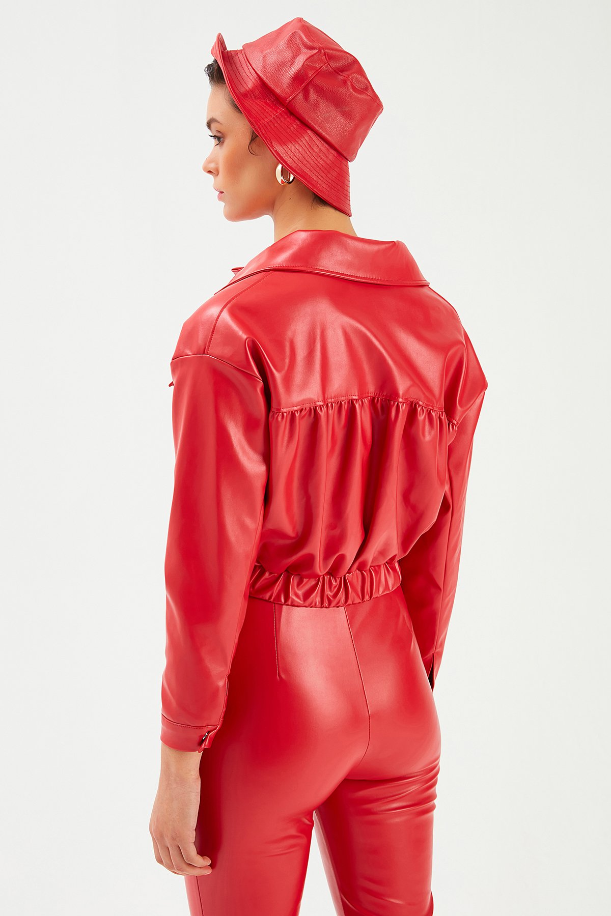 Cepli Crop Deri Ceket - KIRMIZI