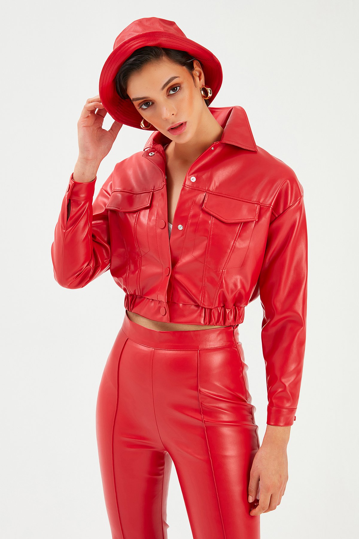 Cepli Crop Deri Ceket - KIRMIZI