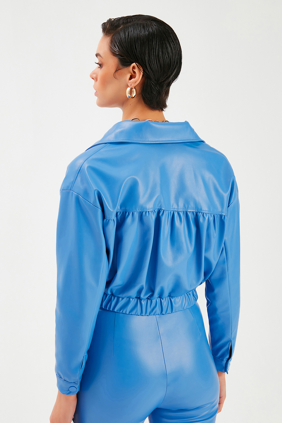 Cepli Crop Deri Ceket - MAVİ