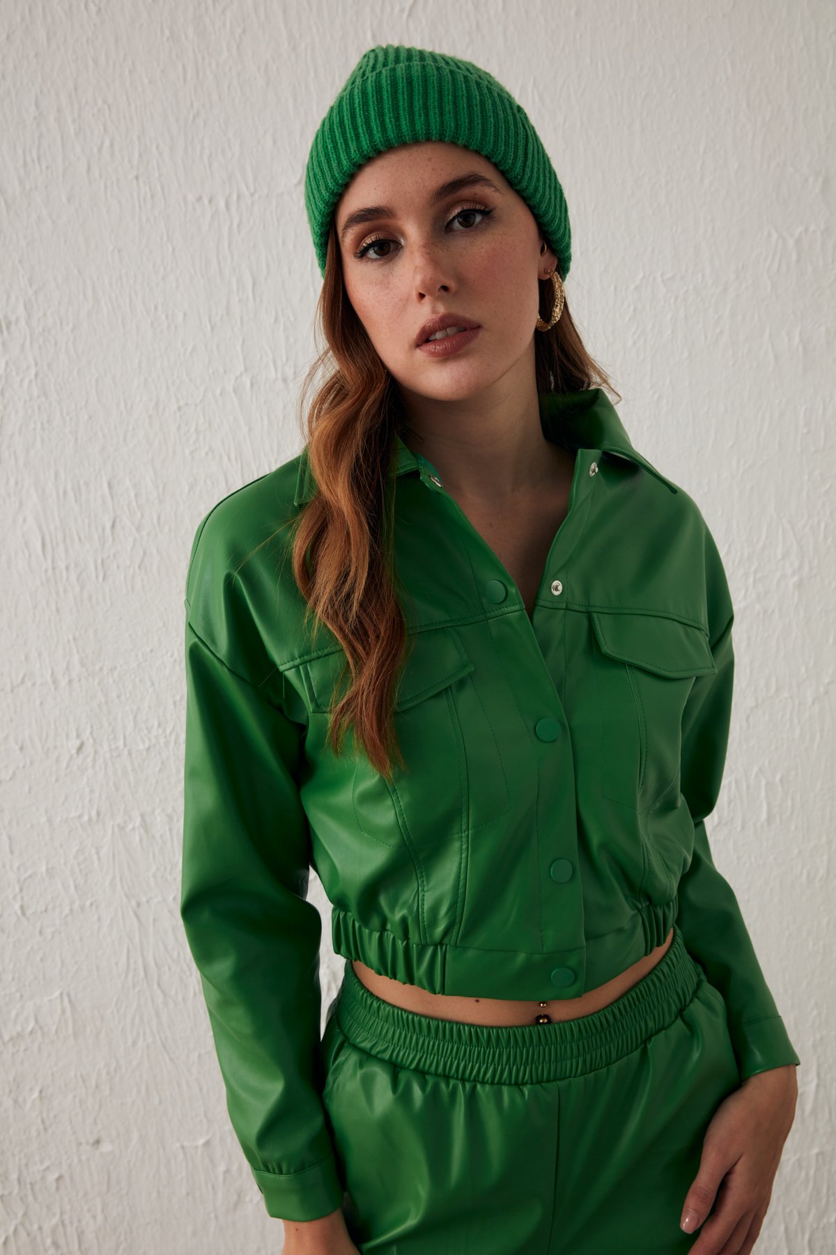 Cepli Crop Deri Ceket - YEŞİL