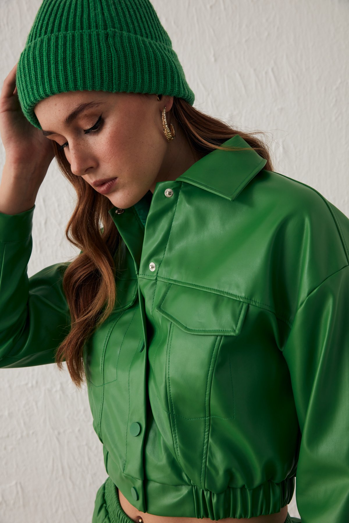 Cepli Crop Deri Ceket - YEŞİL