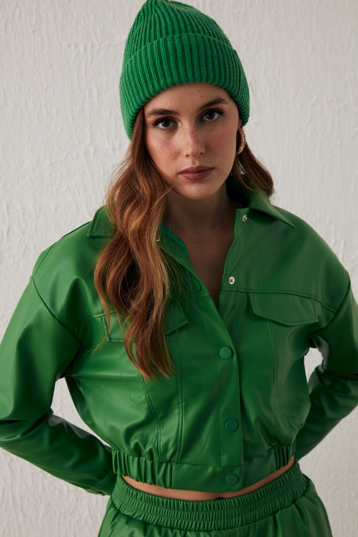 Cepli Crop Deri Ceket - YEŞİL