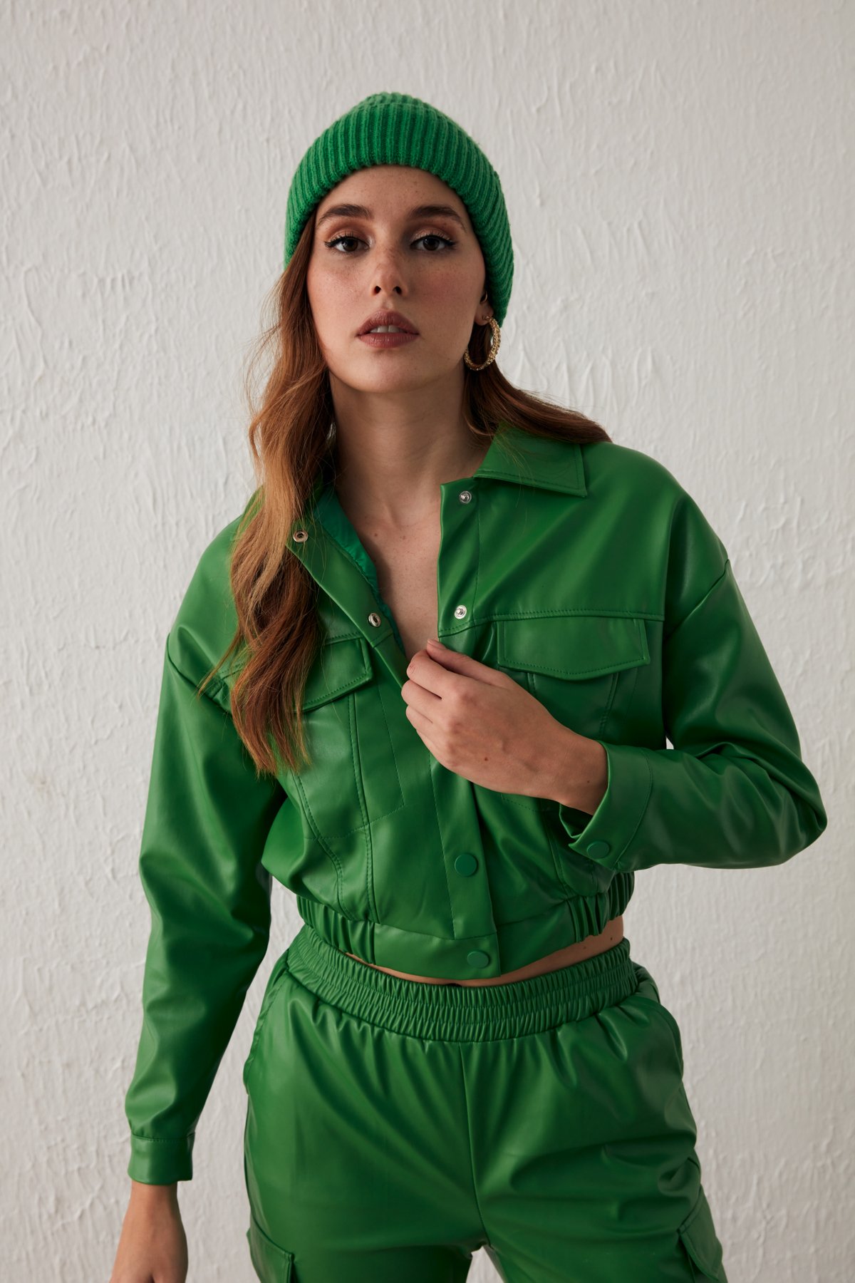 Cepli Crop Deri Ceket - YEŞİL