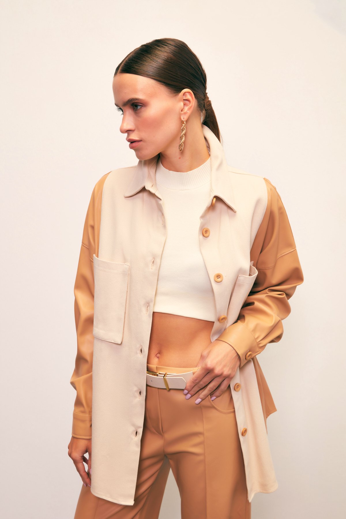 Cepli Deri Detaylı Gömlek - BEJ-TAŞ