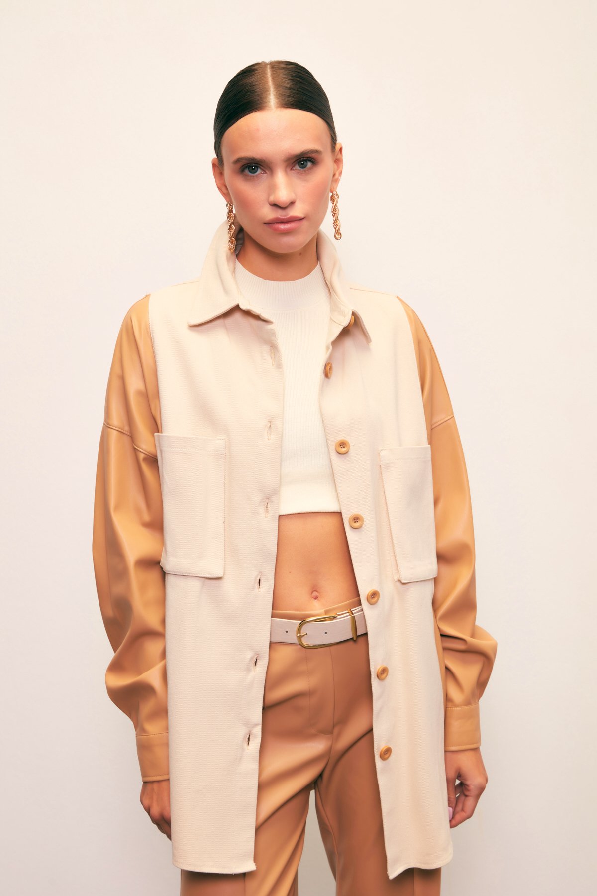 Cepli Deri Detaylı Gömlek - BEJ-TAŞ