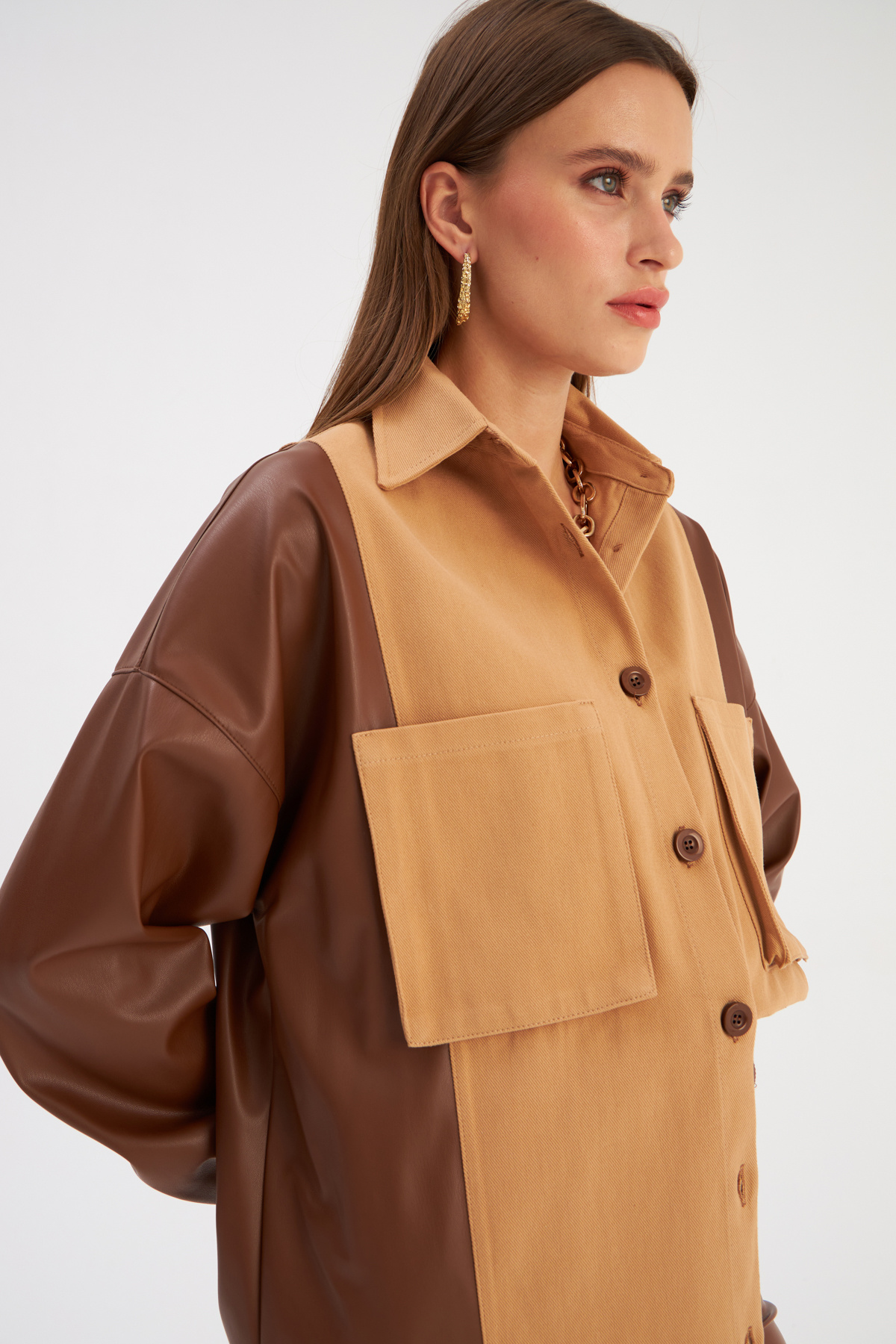 Cepli Deri Detaylı Gömlek - KAHVE-BEJ