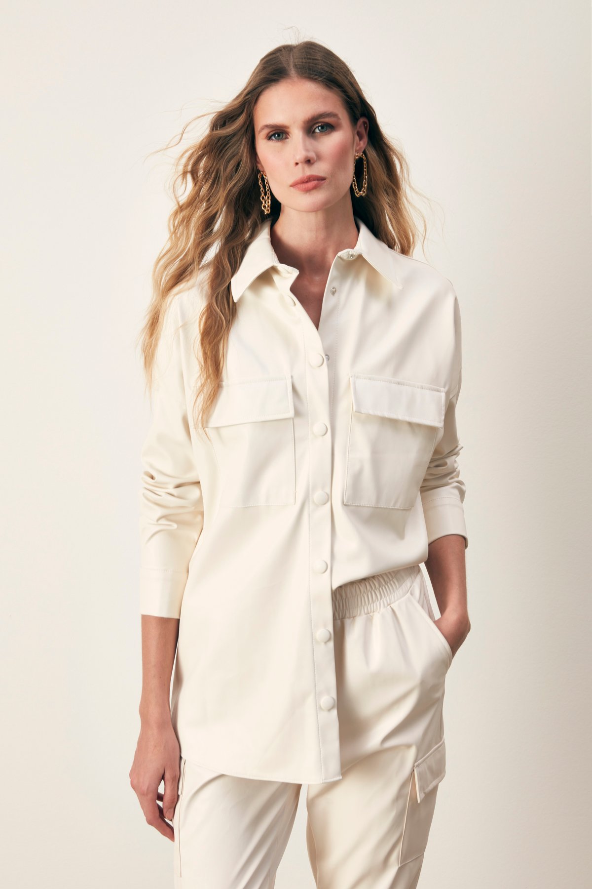 Cepli deri gömlek ceket - EKRU