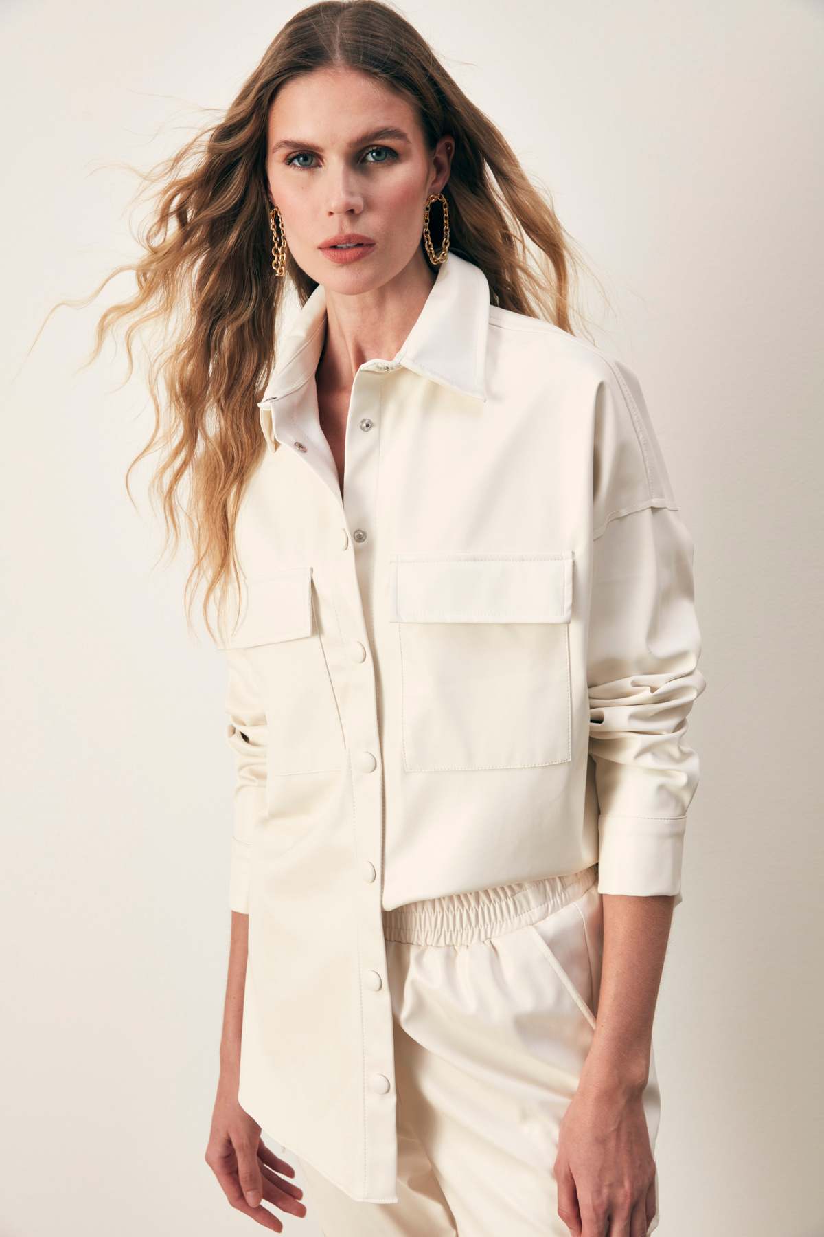 Cepli deri gömlek ceket - EKRU