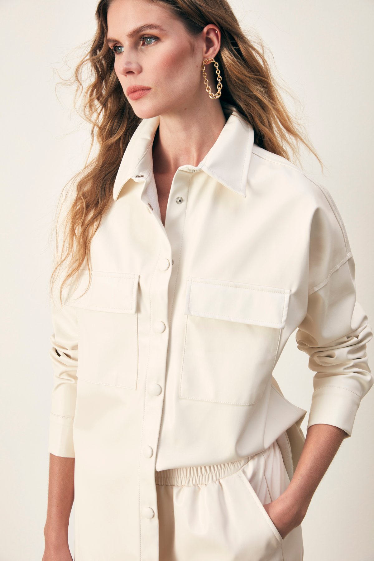 Cepli deri gömlek ceket - EKRU
