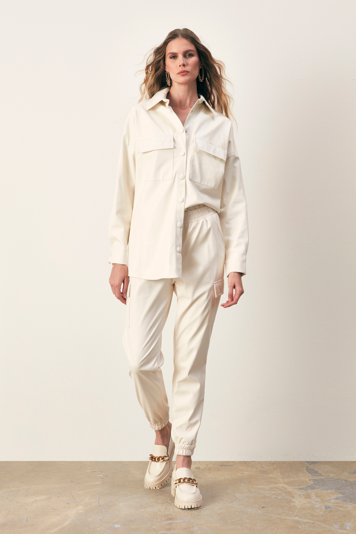 Cepli deri gömlek ceket - EKRU