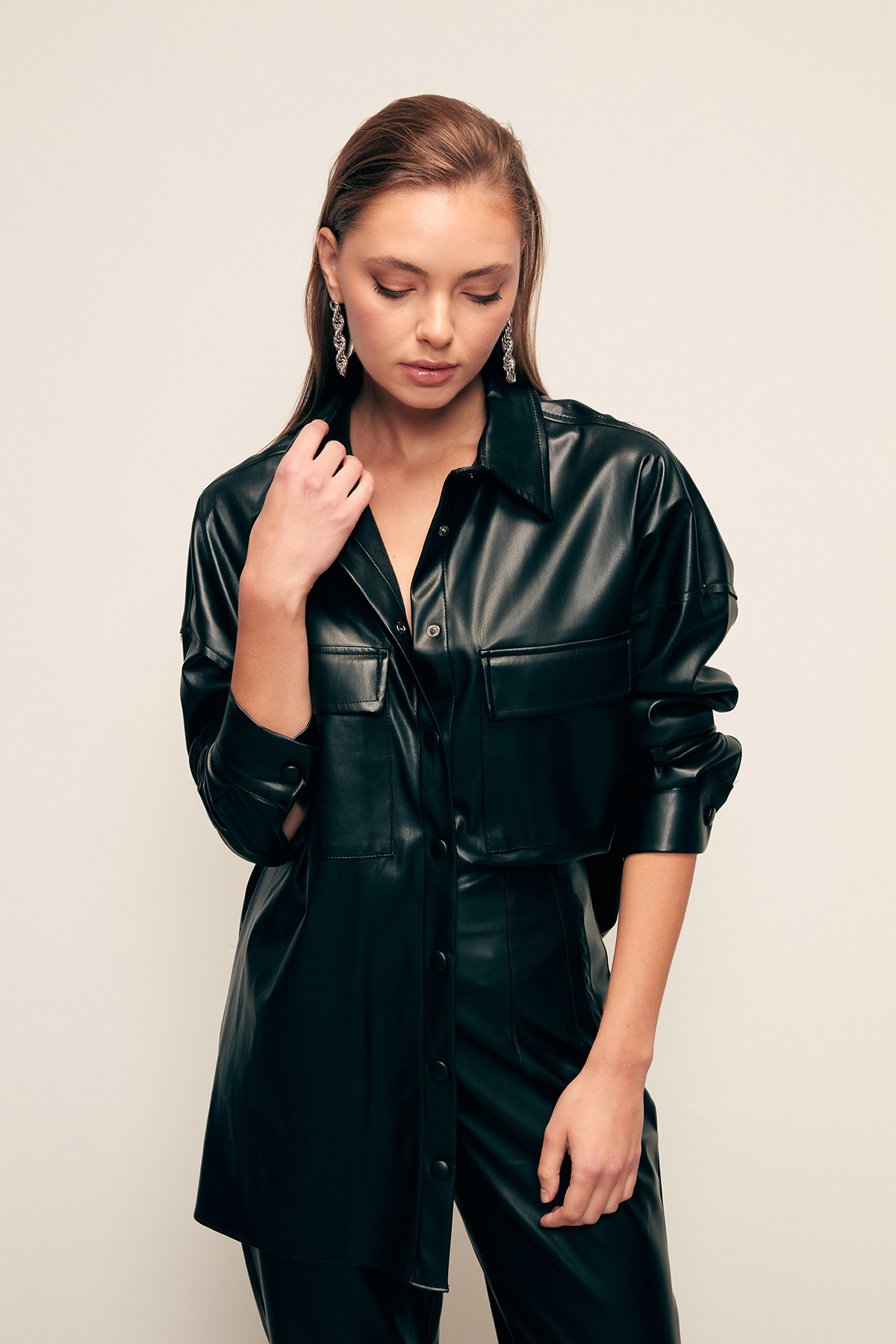 Loose Leather Shirt With Pocket - BLACK