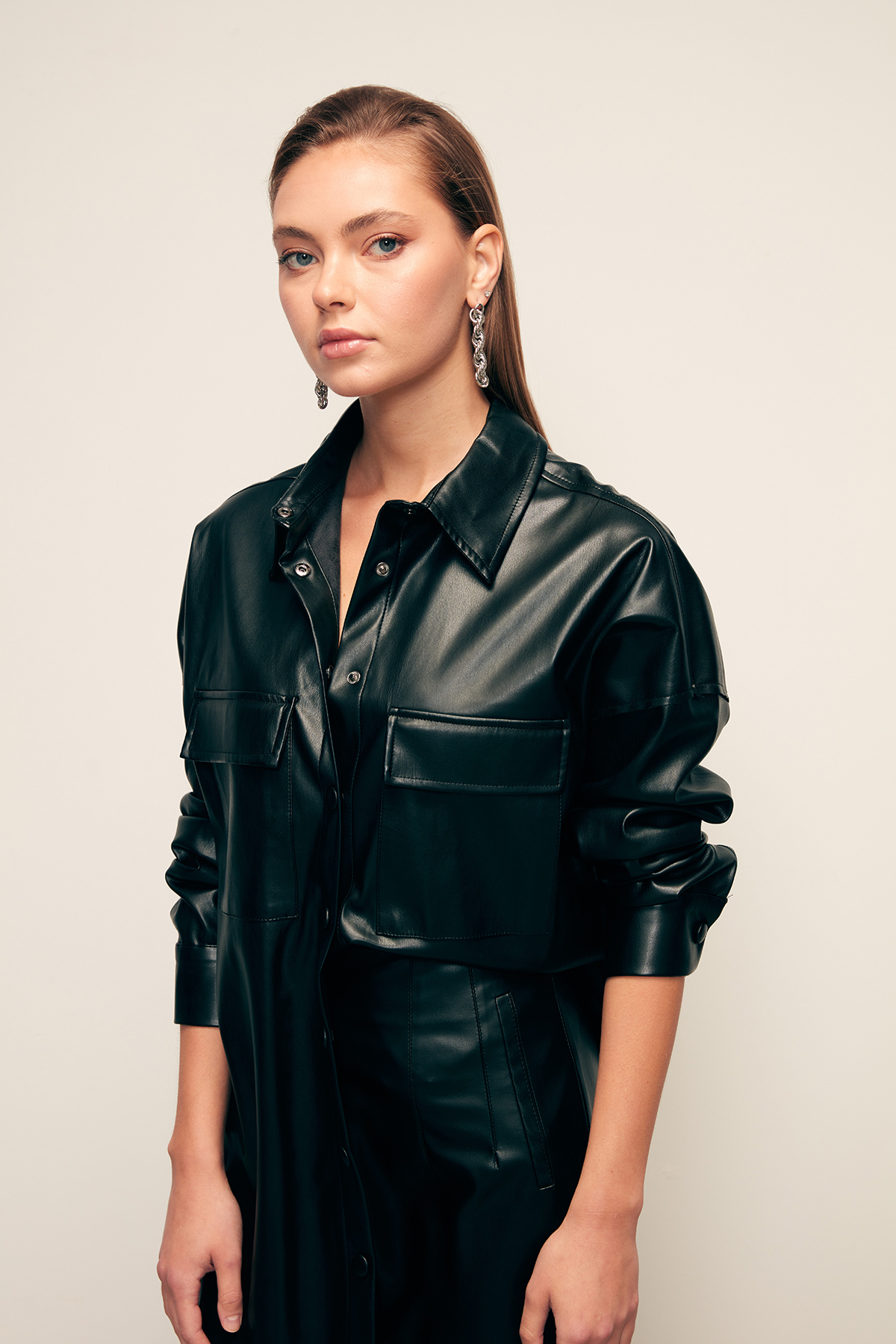 Loose Leather Shirt With Pocket - BLACK
