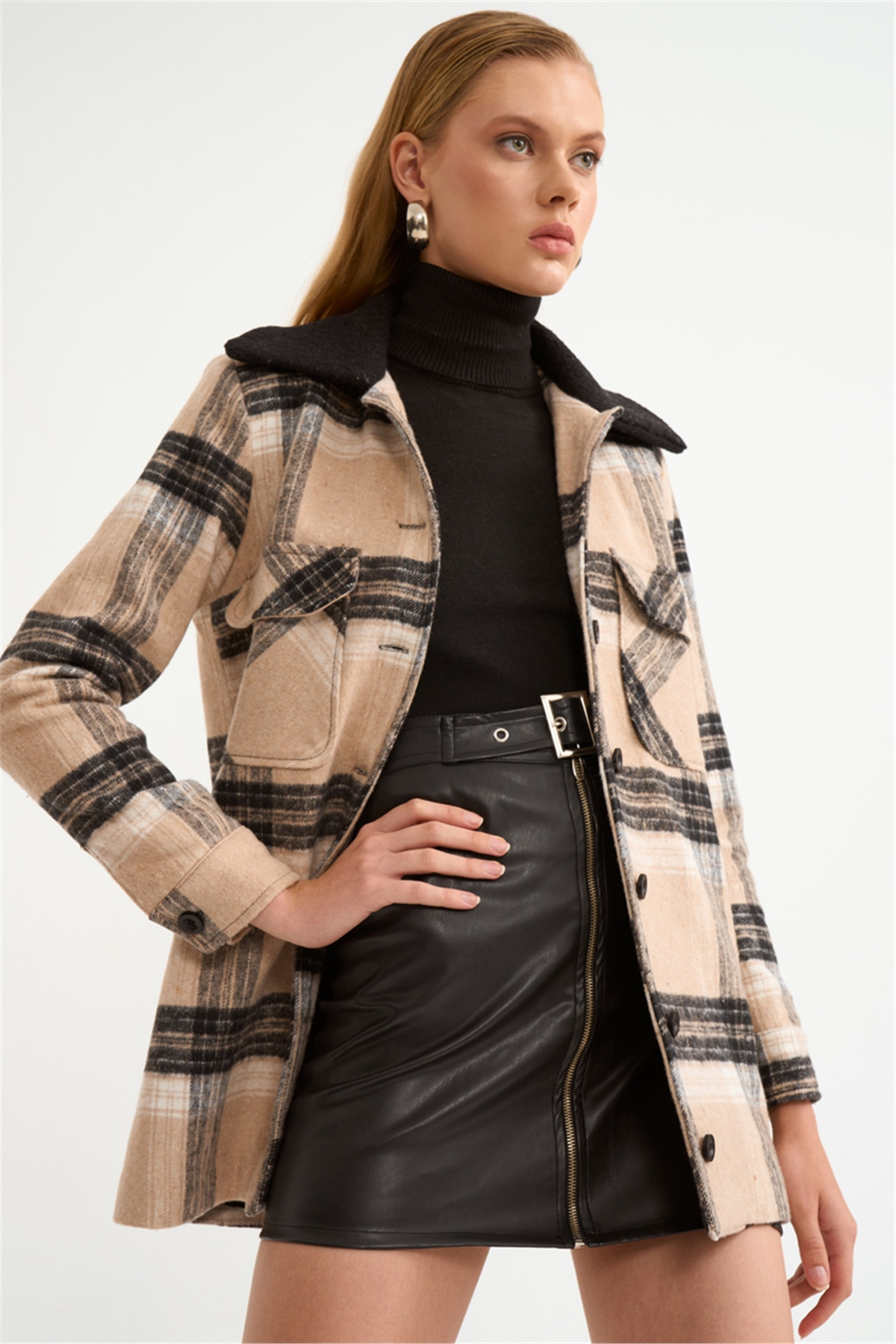 Cepli ekose detaylı ceket - BEJ