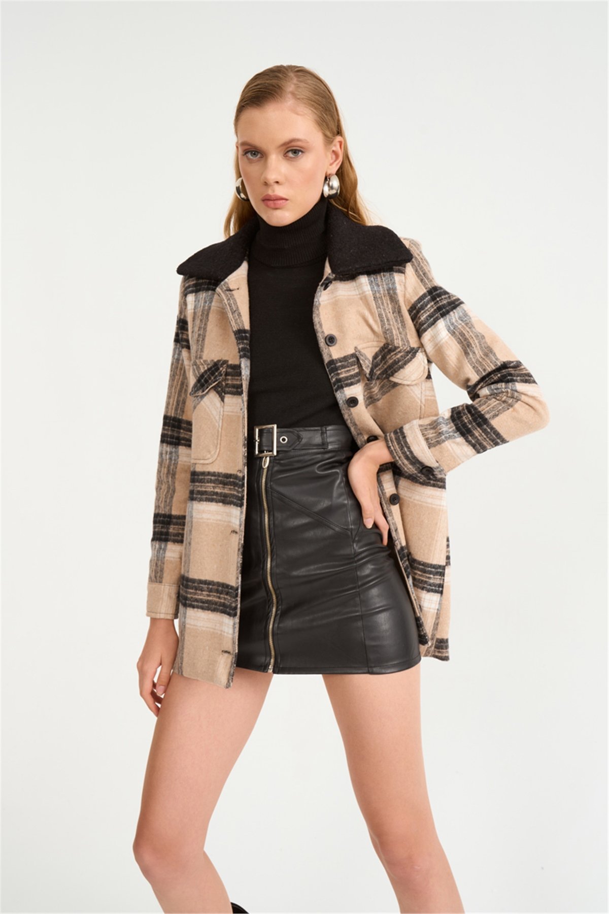 Cepli ekose detaylı ceket - BEJ