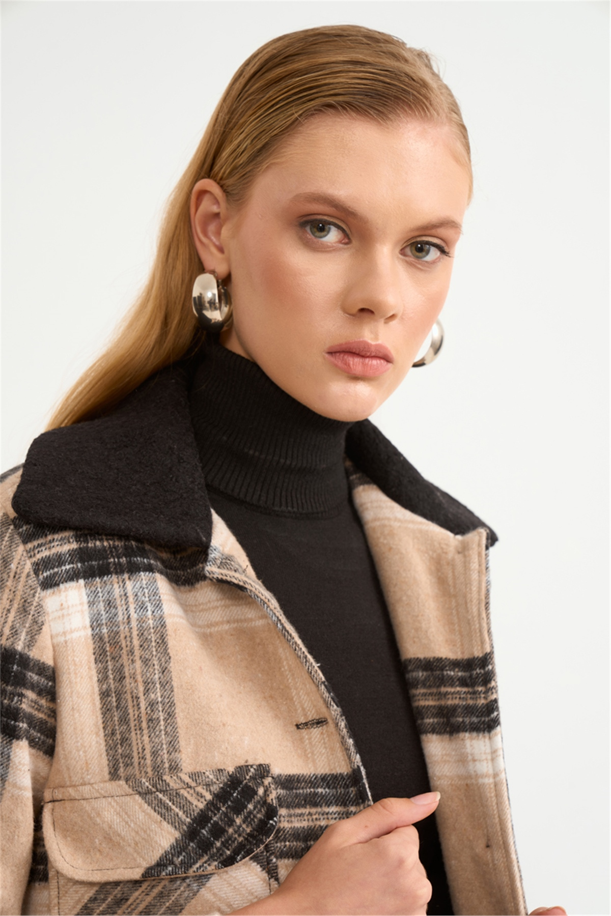 Cepli ekose detaylı ceket - BEJ