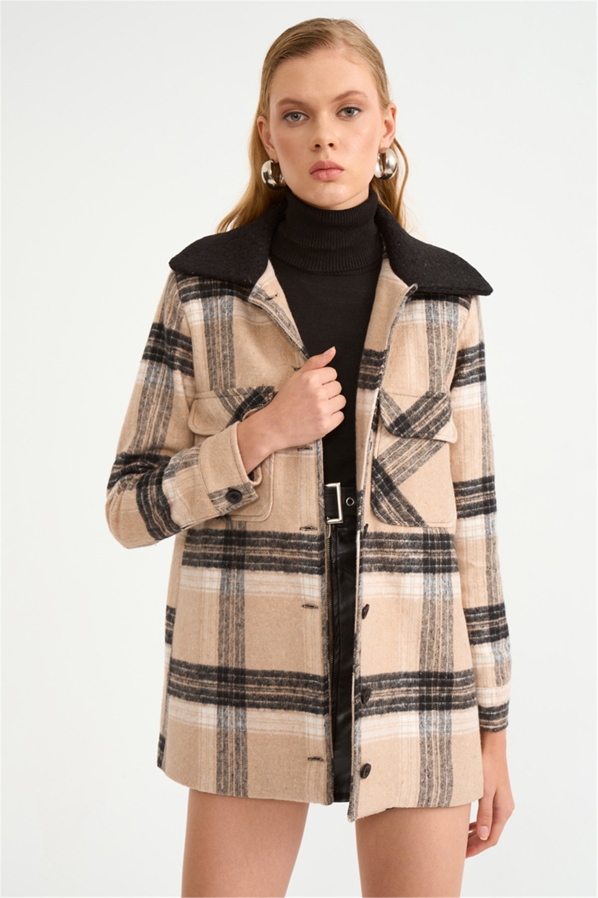 Cepli ekose detaylı ceket - BEJ