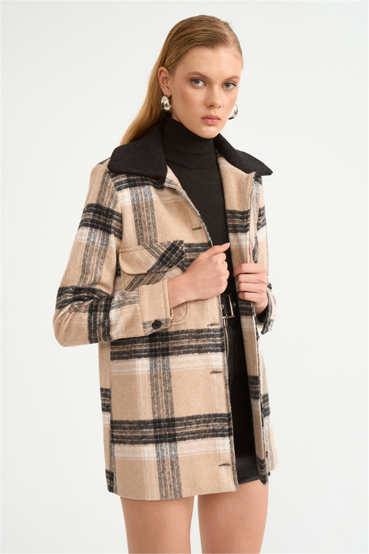 Cepli ekose detaylı ceket - BEJ