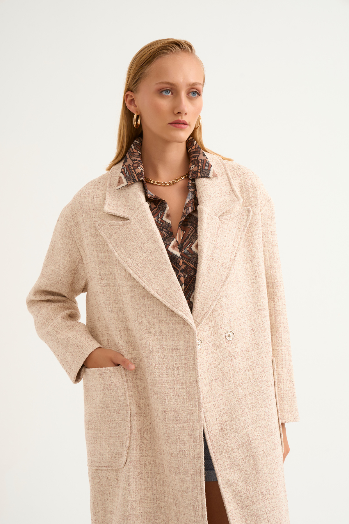 Cepli kırçıllı oversize kaban - PUDRA