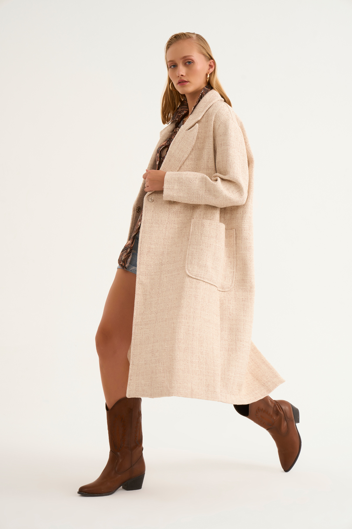 Cepli kırçıllı oversize kaban - PUDRA