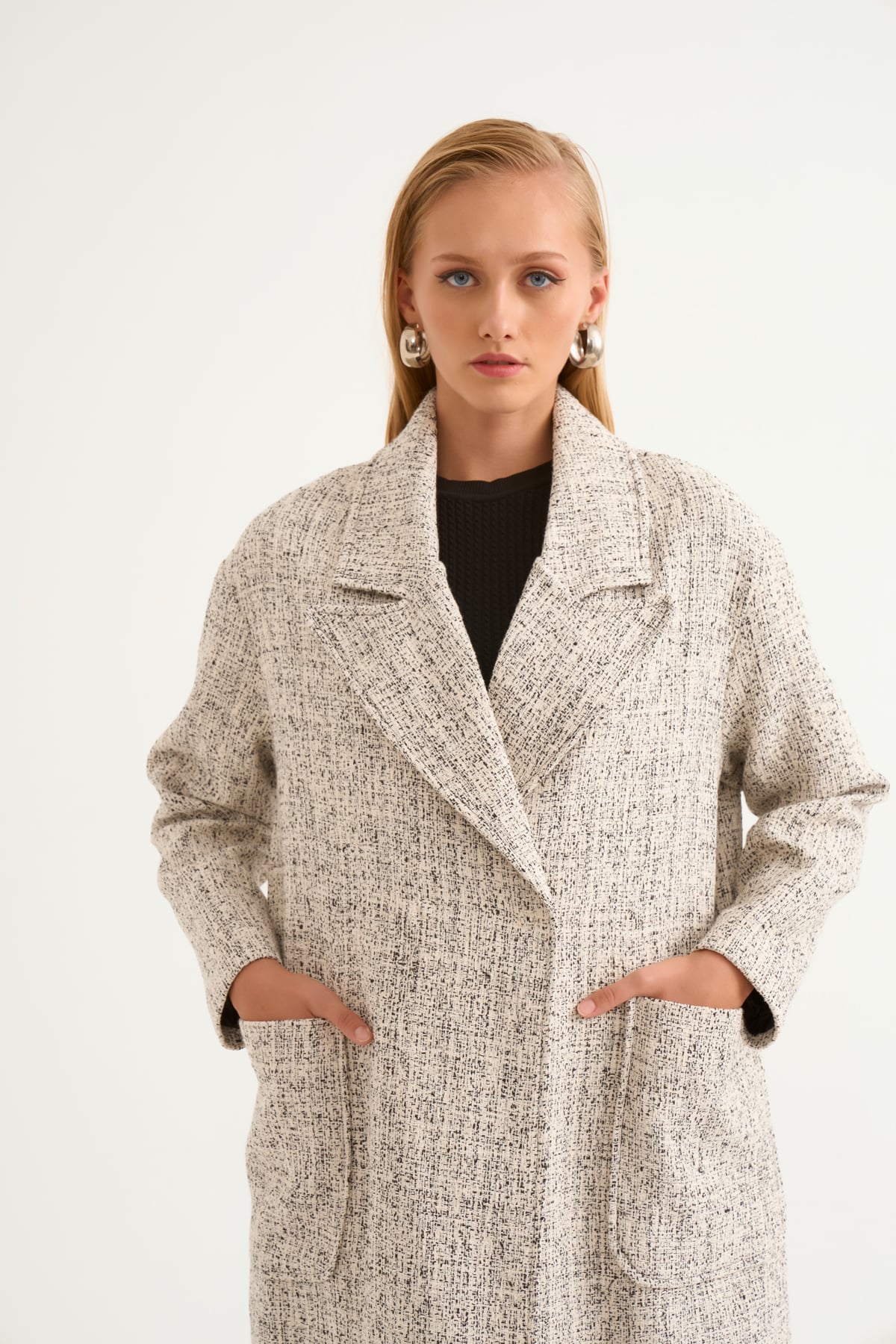 Cepli kırçıllı oversize kaban - SİYAH