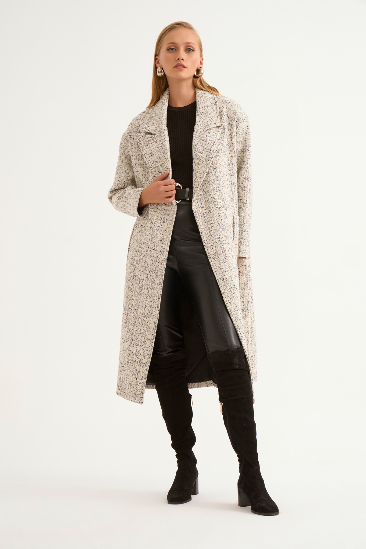 Cepli kırçıllı oversize kaban - SİYAH