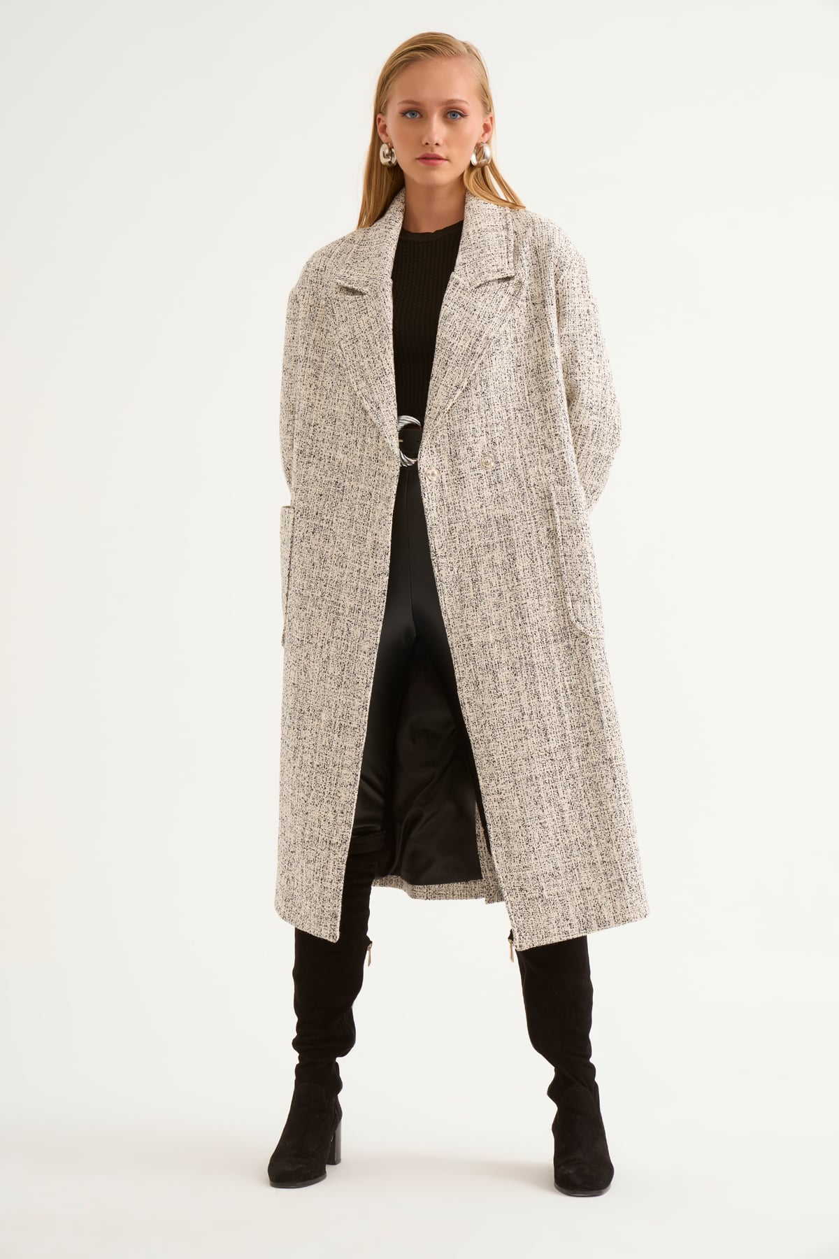 Cepli kırçıllı oversize kaban - SİYAH