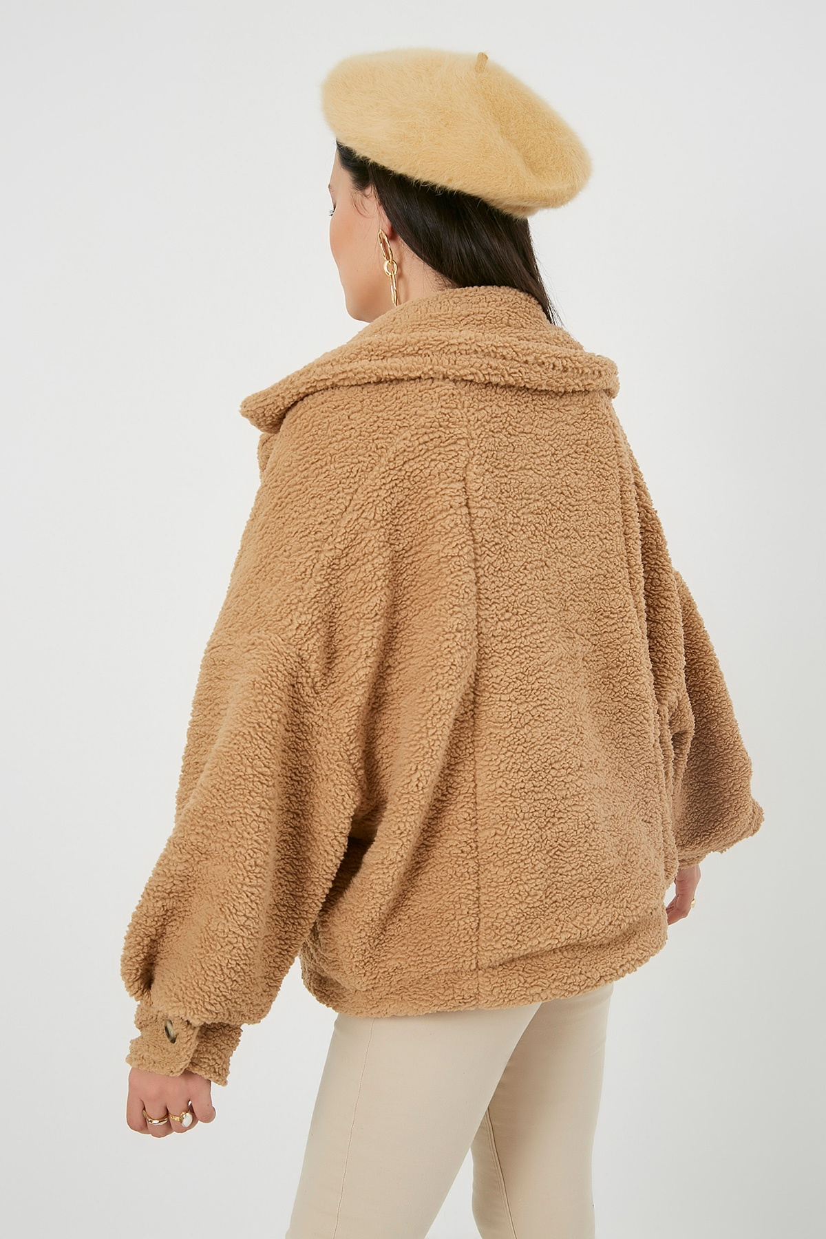 Cepli Oversize Peluş Mont - CAMEL