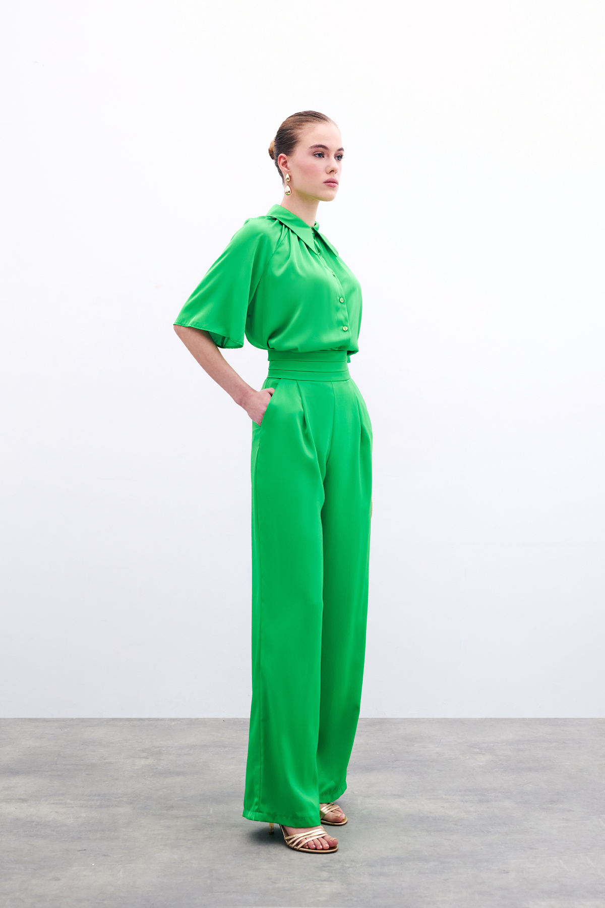 Cepli Salaş Saten Pantolon - Açık Yeşil