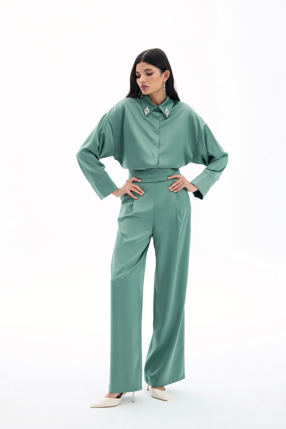 Pocketed Loose Satin Trousers - Kkhakı