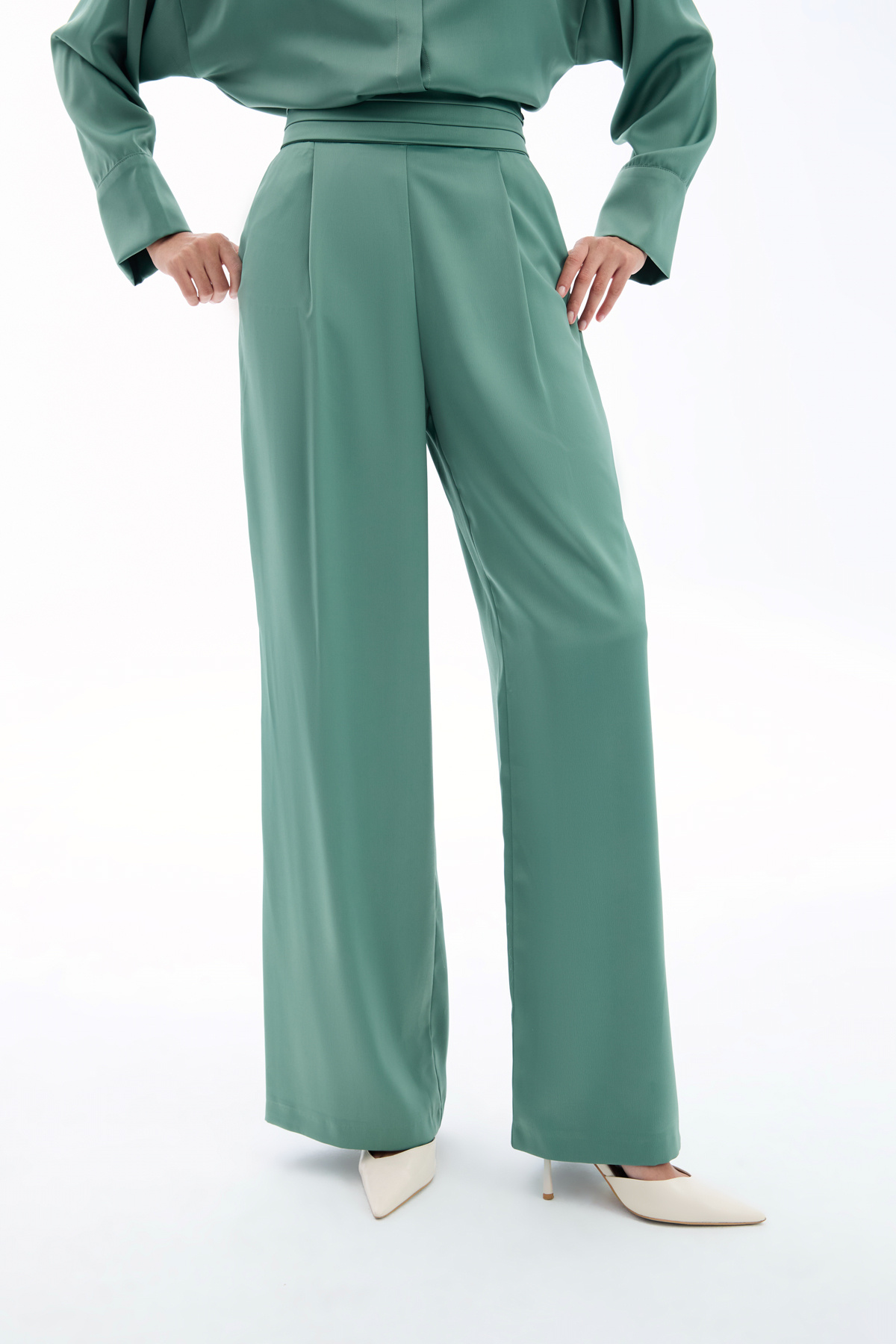 Pocketed Loose Satin Trousers - Kkhakı