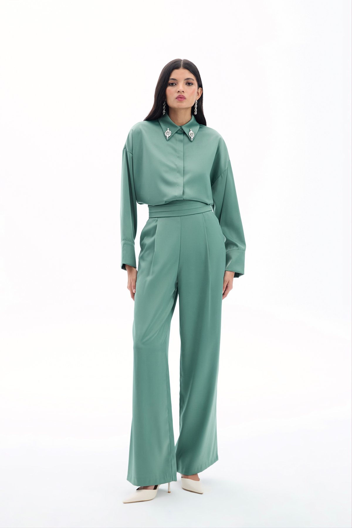 Pocketed Loose Satin Trousers - Kkhakı