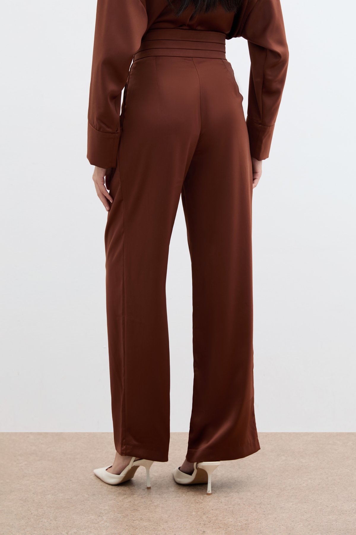 Cepli Salaş Saten Pantolon - Kahve