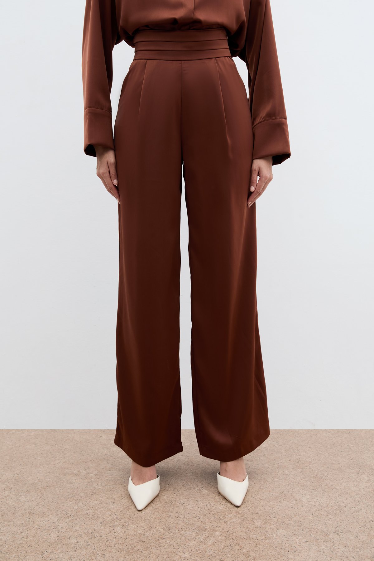 Cepli Salaş Saten Pantolon - Kahve