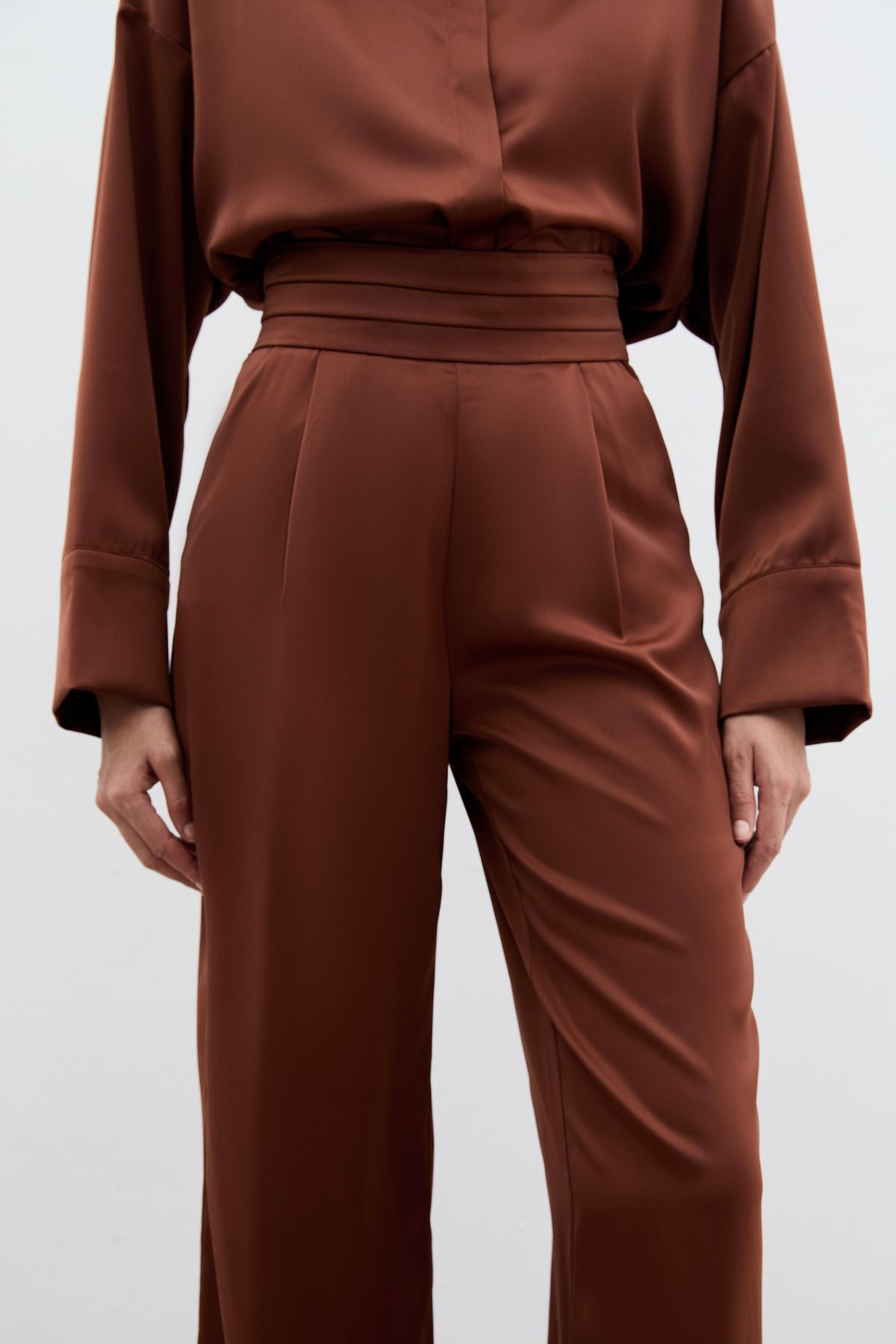 Cepli Salaş Saten Pantolon - Kahve