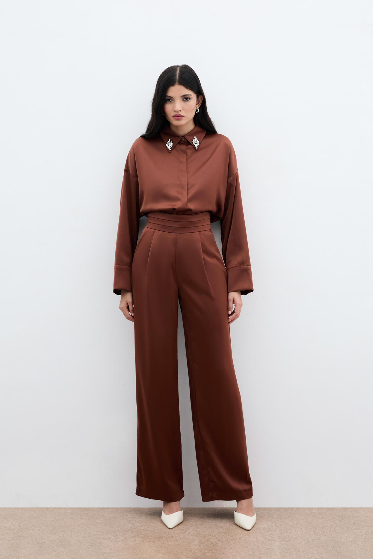 Cepli Salaş Saten Pantolon - Kahve