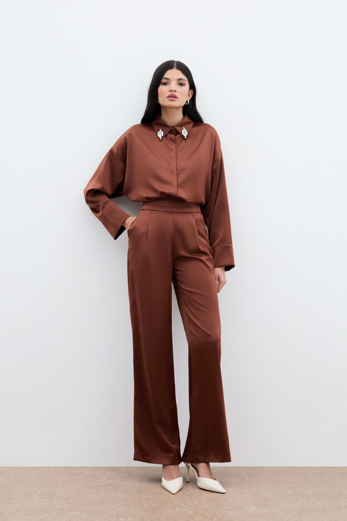 Cepli Salaş Saten Pantolon - Kahve