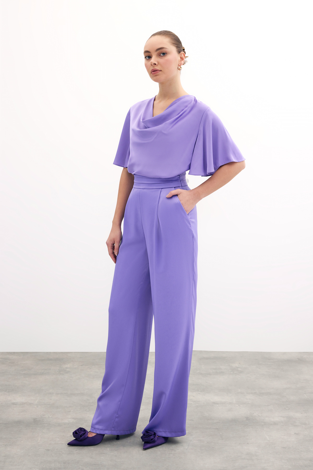 Cepli Salaş Saten Pantolon - Mor