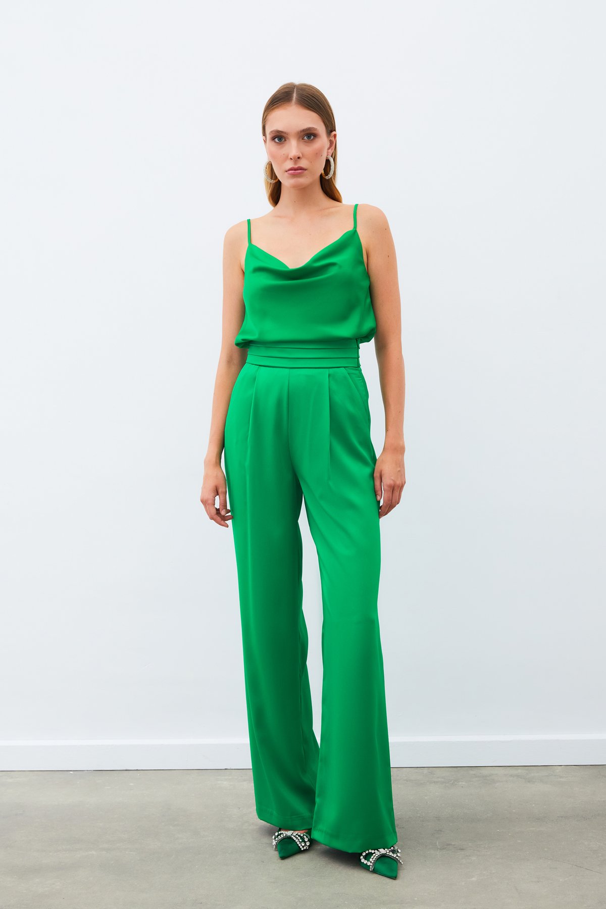 Cepli Salaş Saten Pantolon - Yeşil