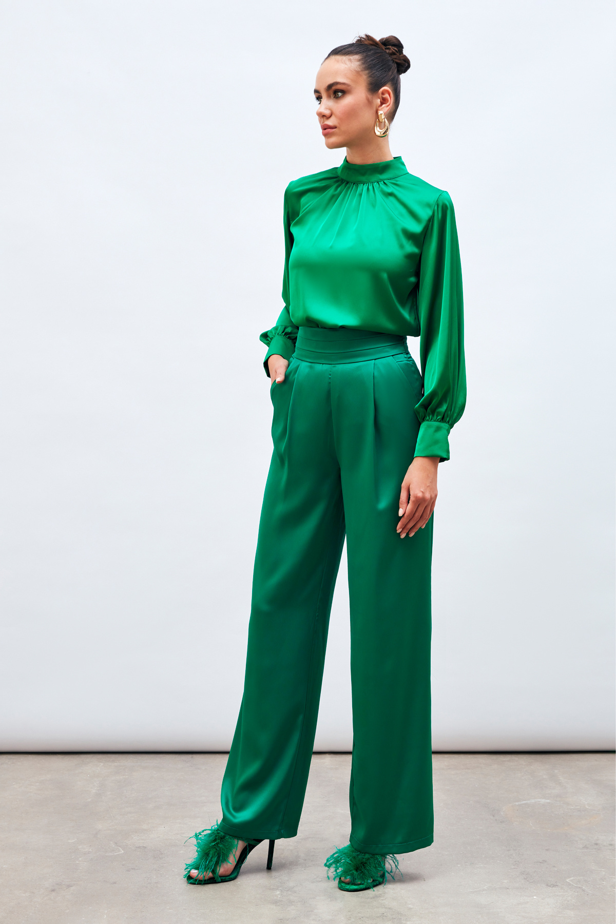 Cepli Salaş Saten Pantolon - ZÜMRÜT