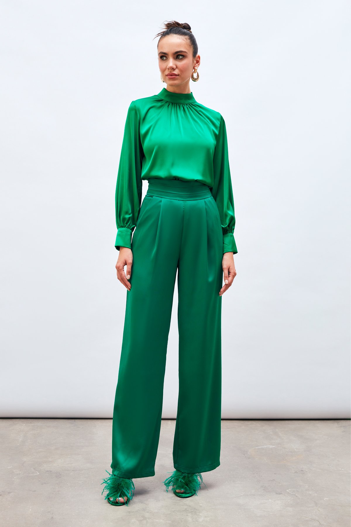 Cepli Salaş Saten Pantolon - ZÜMRÜT