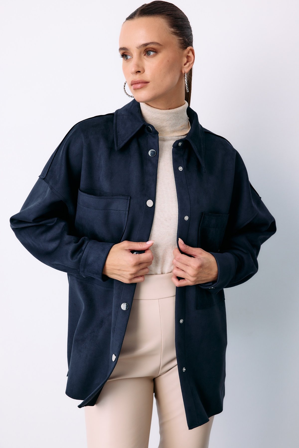Casual Suede Jacket Shirt with Pockets - BLUE