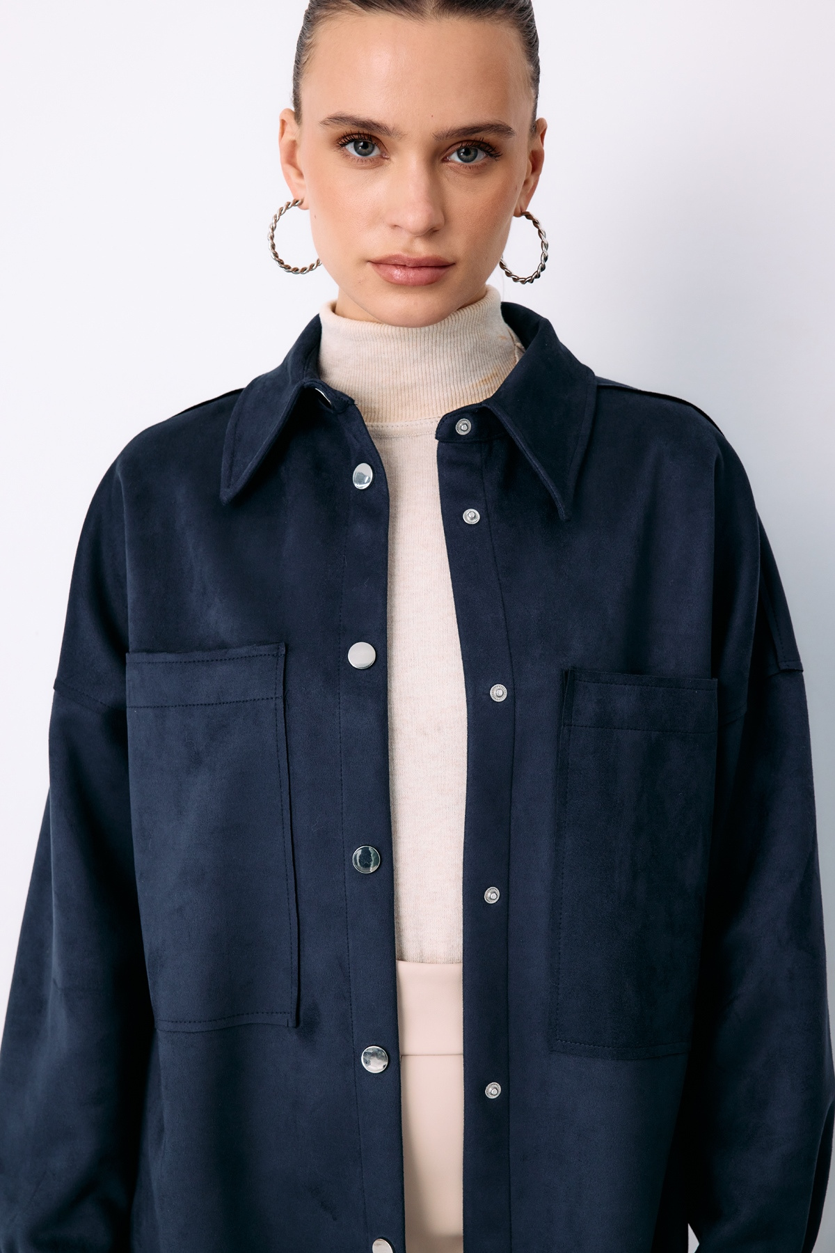 Casual Suede Jacket Shirt with Pockets - BLUE