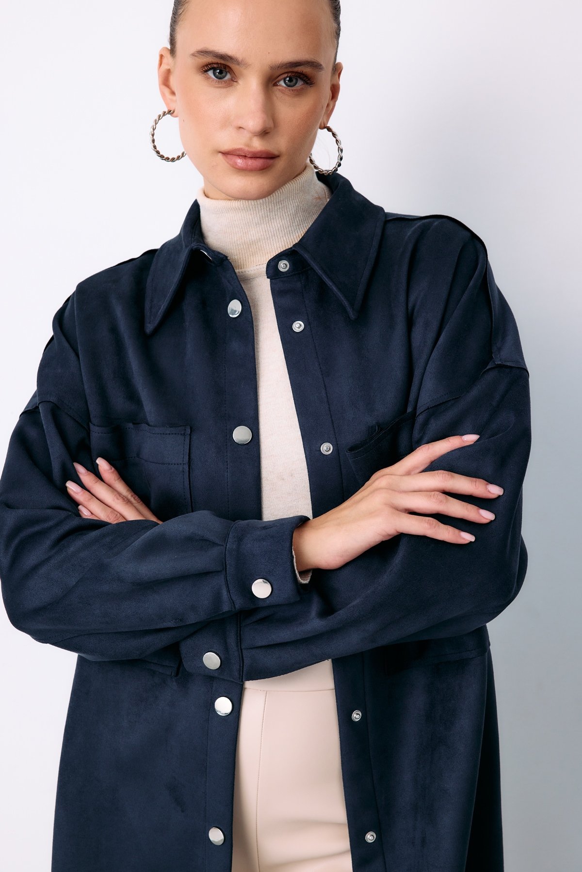 Casual Suede Jacket Shirt with Pockets - BLUE