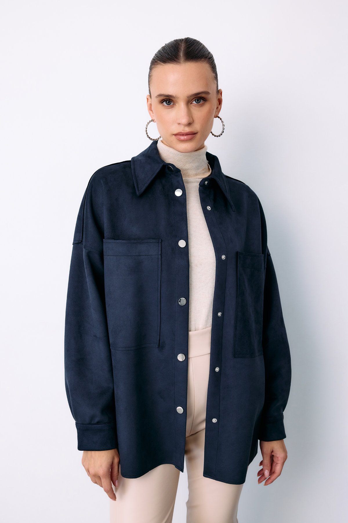 Casual Suede Jacket Shirt with Pockets - BLUE