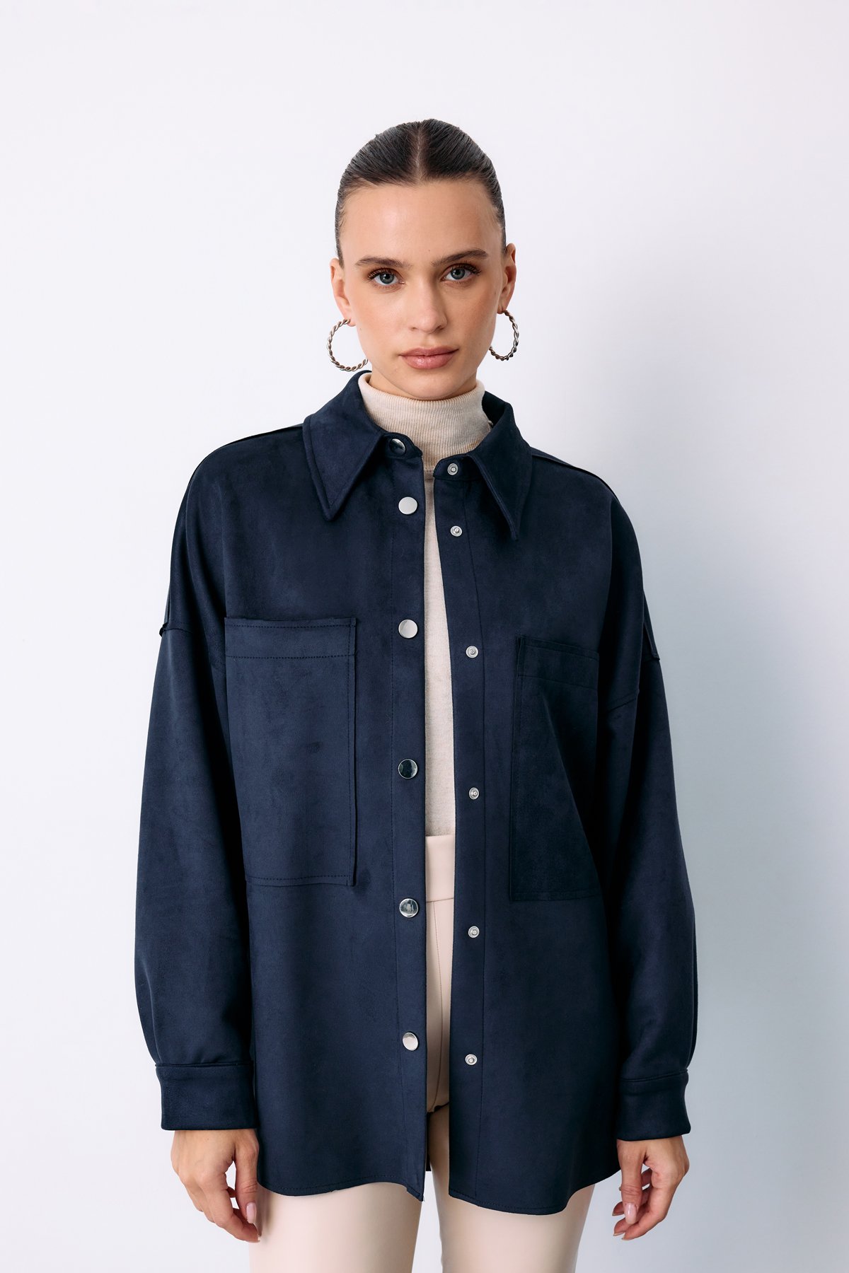 Casual Suede Jacket Shirt with Pockets - BLUE