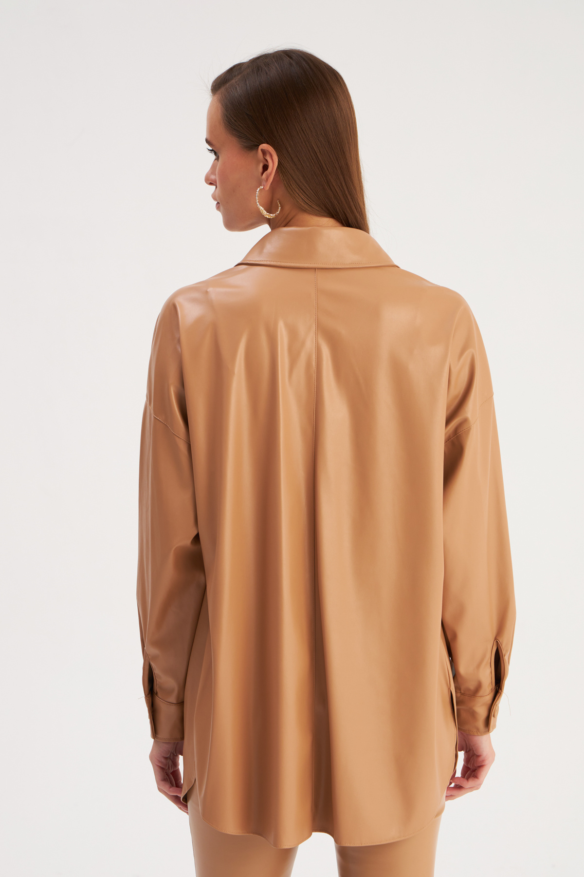 Cepli Uzun Deri Gömlek - BEJ