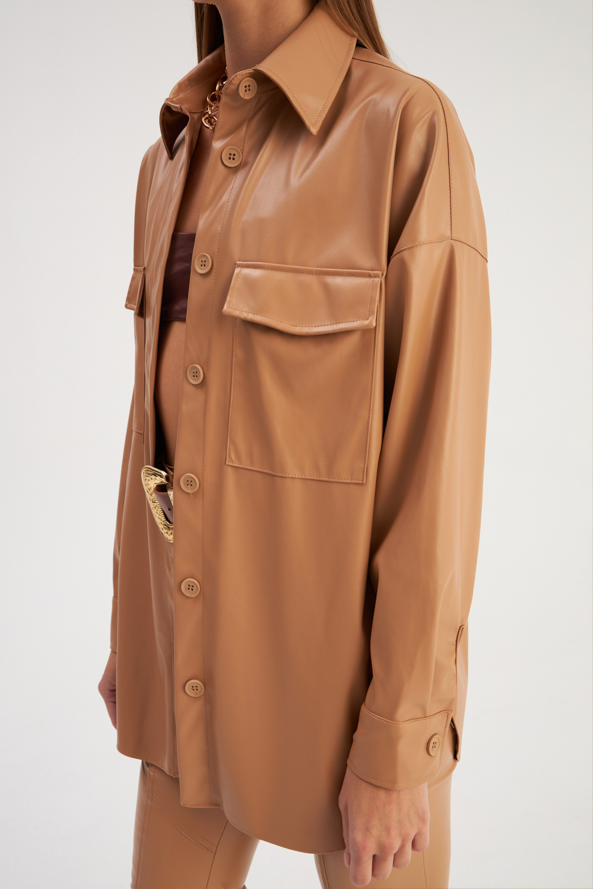 Cepli Uzun Deri Gömlek - BEJ
