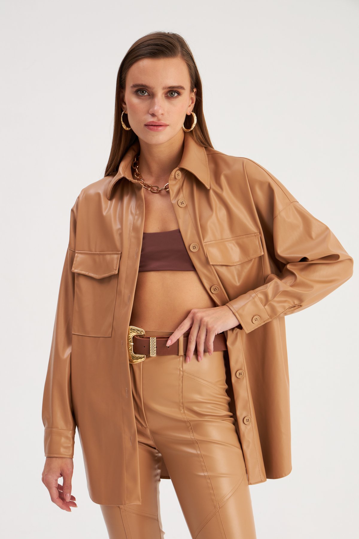 Cepli Uzun Deri Gömlek - BEJ