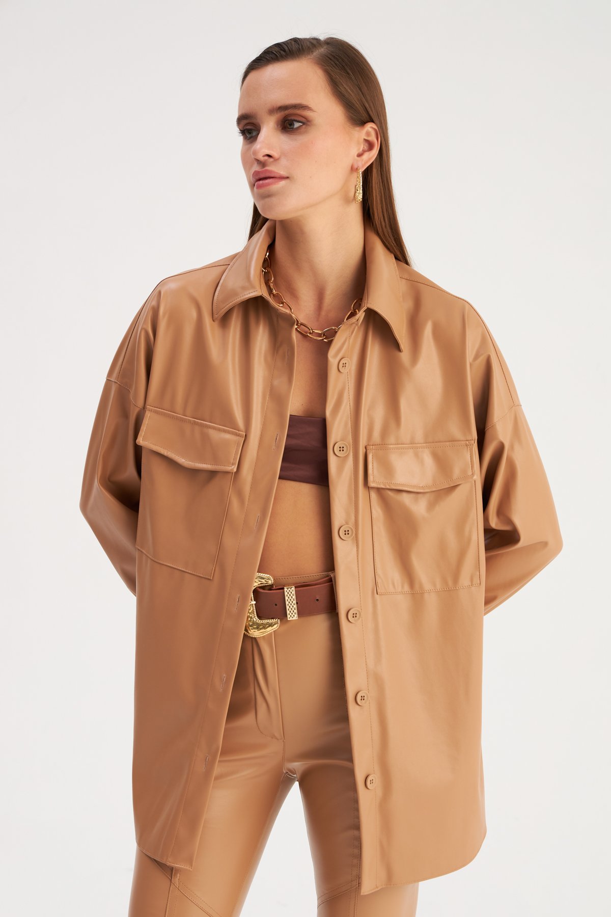 Cepli Uzun Deri Gömlek - BEJ