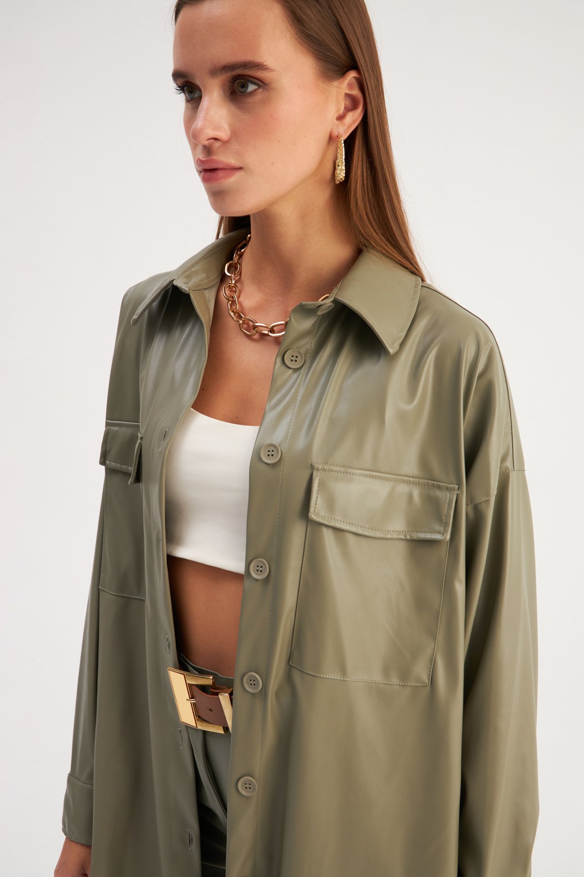 Cepli Uzun Deri Gömlek - ÇAĞLA YEŞİLİ